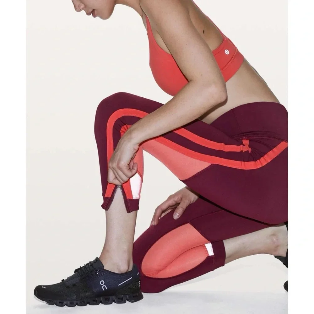 Lululemon Zip The Line Crop Leggings *23 in Deep Ruby / Poppy Coral